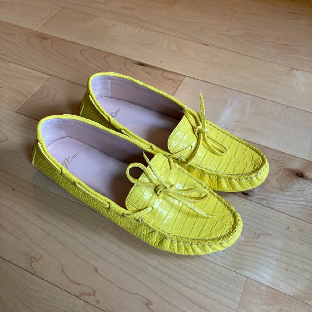 JCrew Yellow Driving Mocassins in Croc-embossed Leather